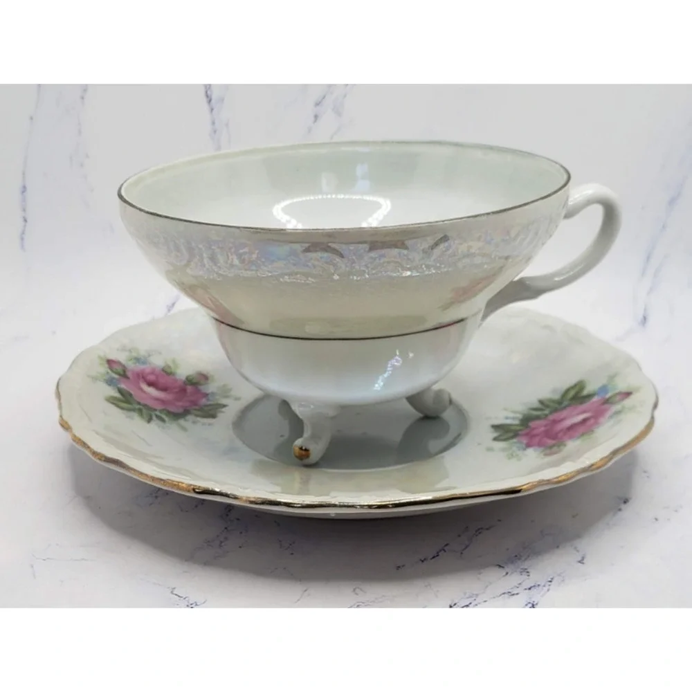 Porcelain Lusterware Pink Rose With Gold Trim Footed Teacup & Saucer Set